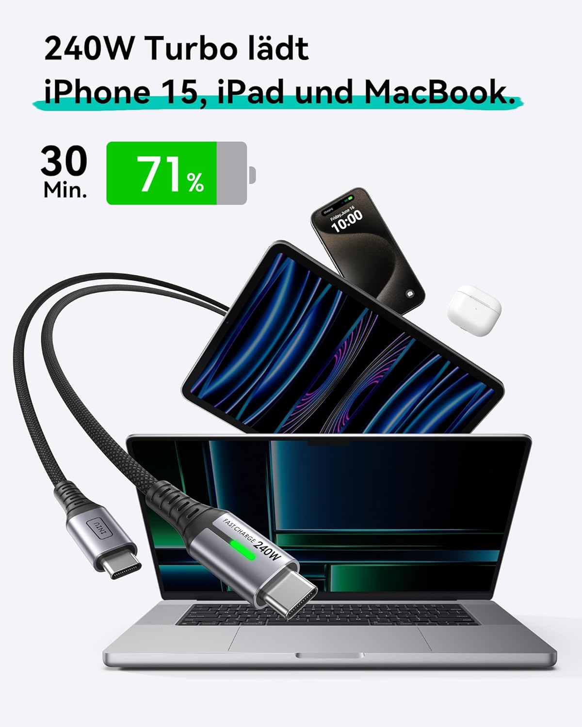 Detalle de INIU 240W USB-C Kabel – 2er Set, 0,3 m, Nylon Geflochten, USB-C zu USB-C PD Schnellladekabel