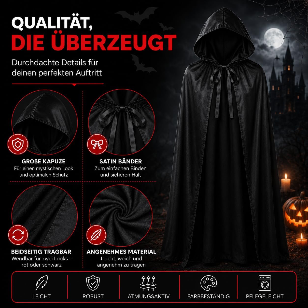 Detalle de FASCHINFEVER ff-003 – peleryna wampira z kapturem na Halloween, rozmiar uniwersalny