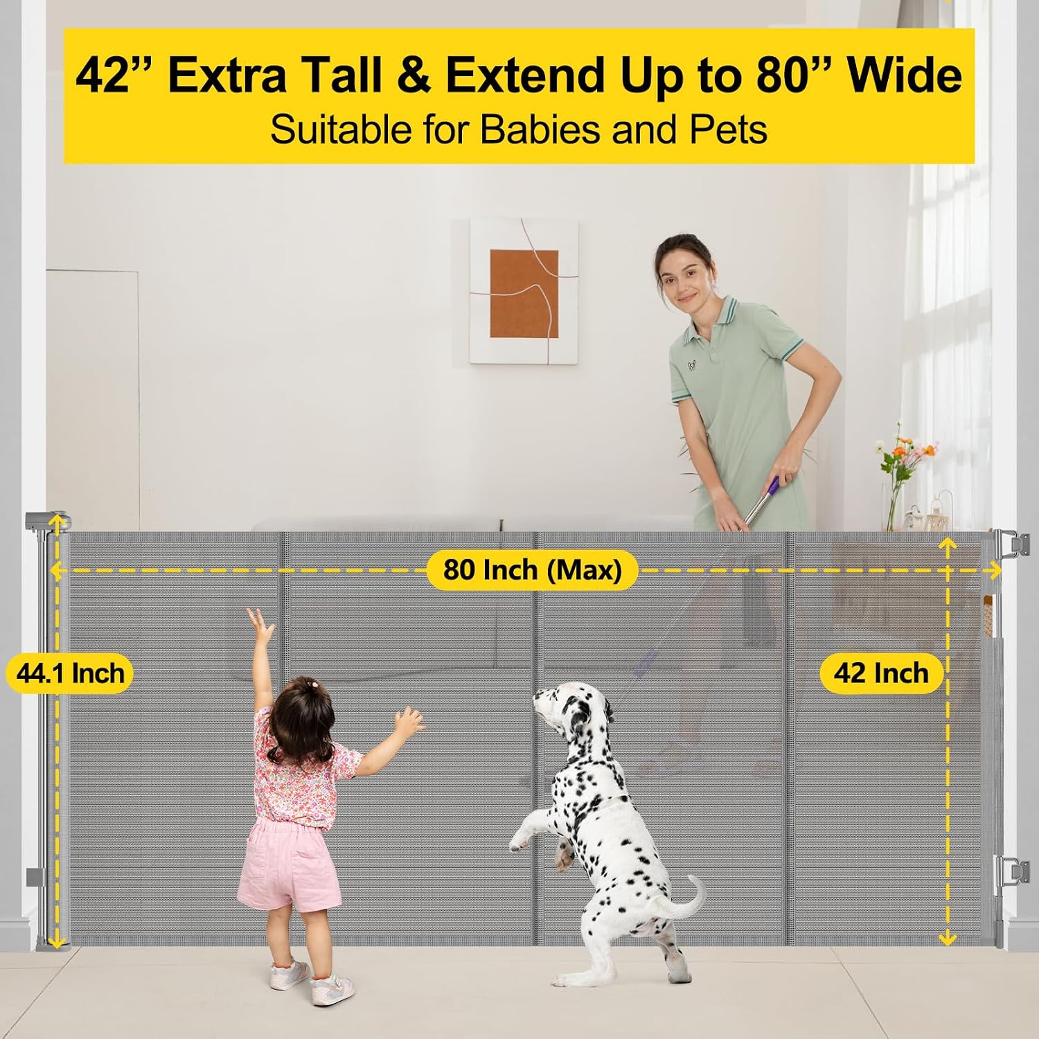 Detalle 2 de Bingguz 42" x 80" Retractable Baby Gate with Fiberglass Support Rods, Gray
