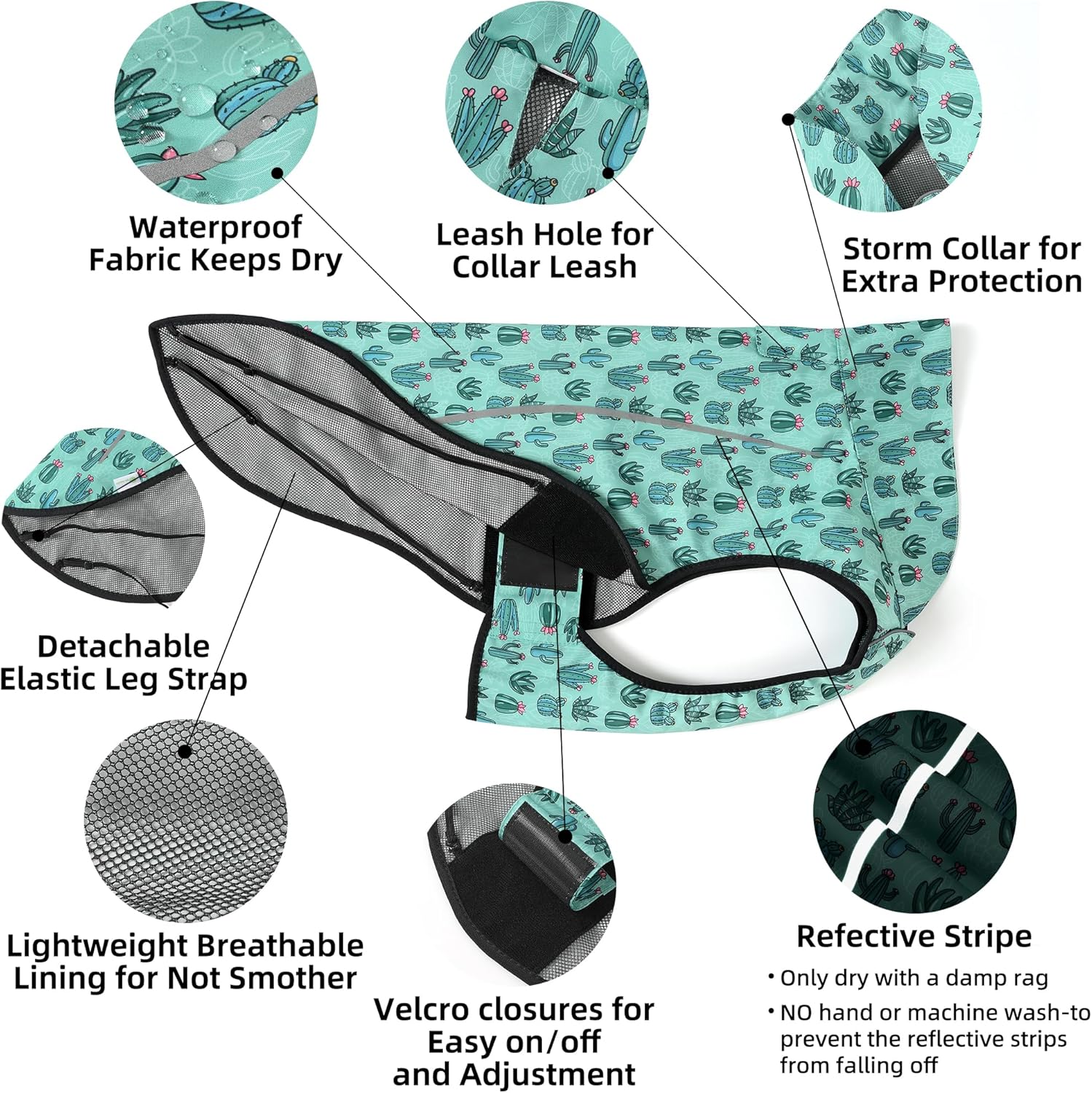 Thumbnail 3 de Mile High Life Dog Raincoat (Green Cactus) – Adjustable Waterproof Jacket with Reflective Strip, XX-Small