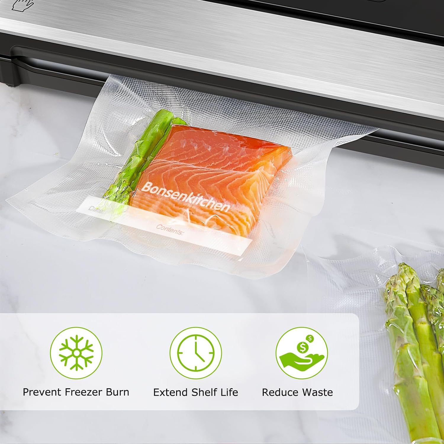 Detalle 2 de Bonsenkitchen VB3208 Vacuum Sealer Bags, 8" x 12", 200 Count, BPA-Free