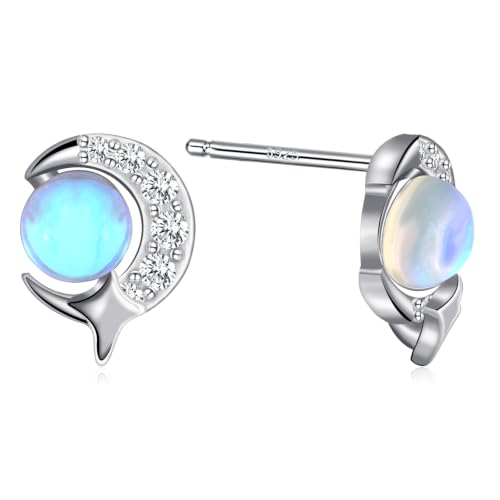 Detalle de Weviway Sterling Silver Moonstone Stud Earrings – Moon and Star Design