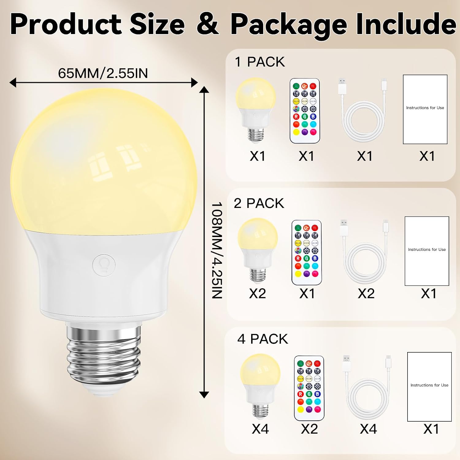 Thumbnail 5 de LED Rechargeable Light Bulb with Remote (Magnetic E27) – 2 Pack, 3 CCT + 9 RGB, 3 Timers