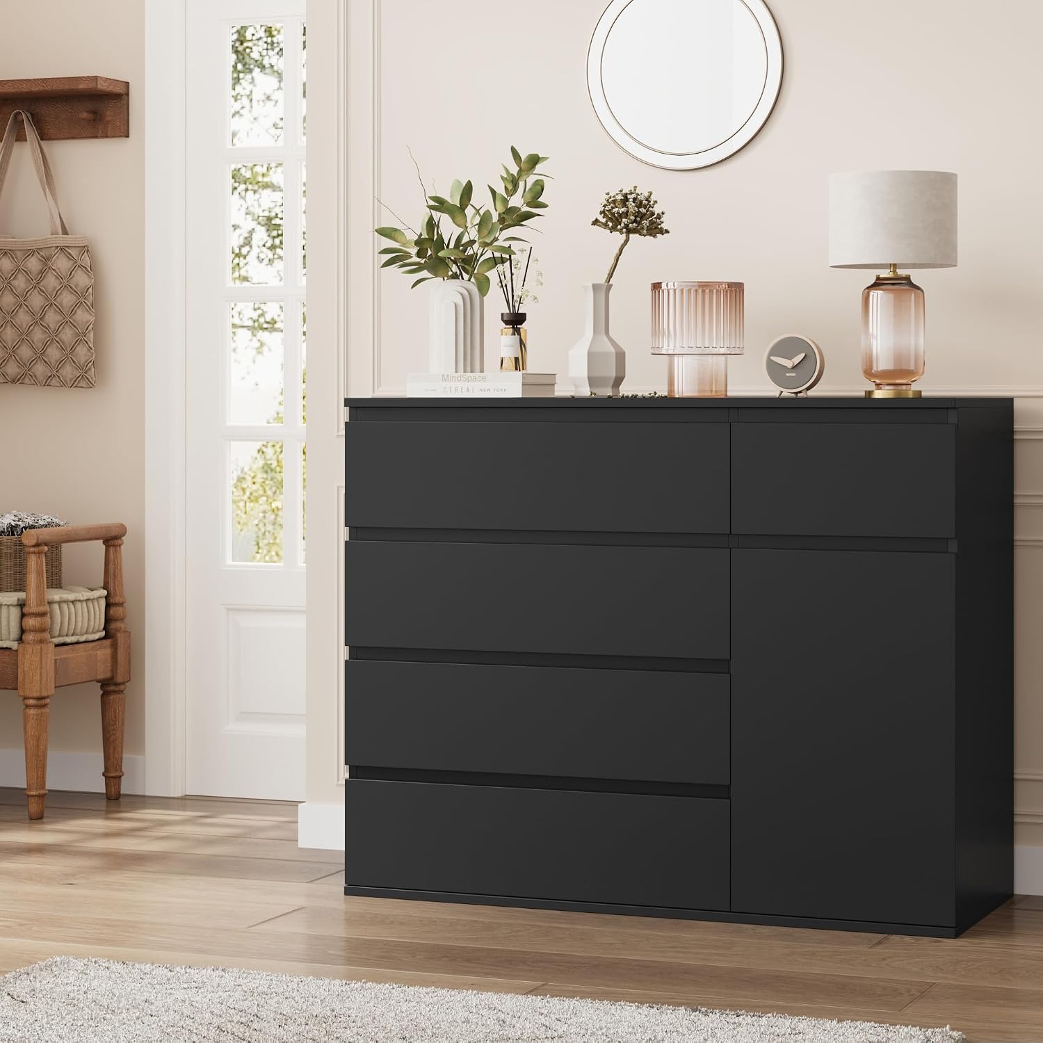 Detalle 2 de FOREHILL M241 Chest of Drawers, Black, 5 Drawers and Door Storage, 100 x 40 x 80 cm