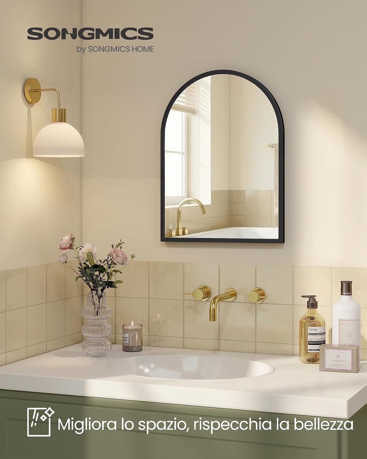 Detalle 2 de SONGMICS LWM013BD01 Specchio da parete ad arco 40 x 30 cm con cornice in alluminio e pellicola di sicurezza