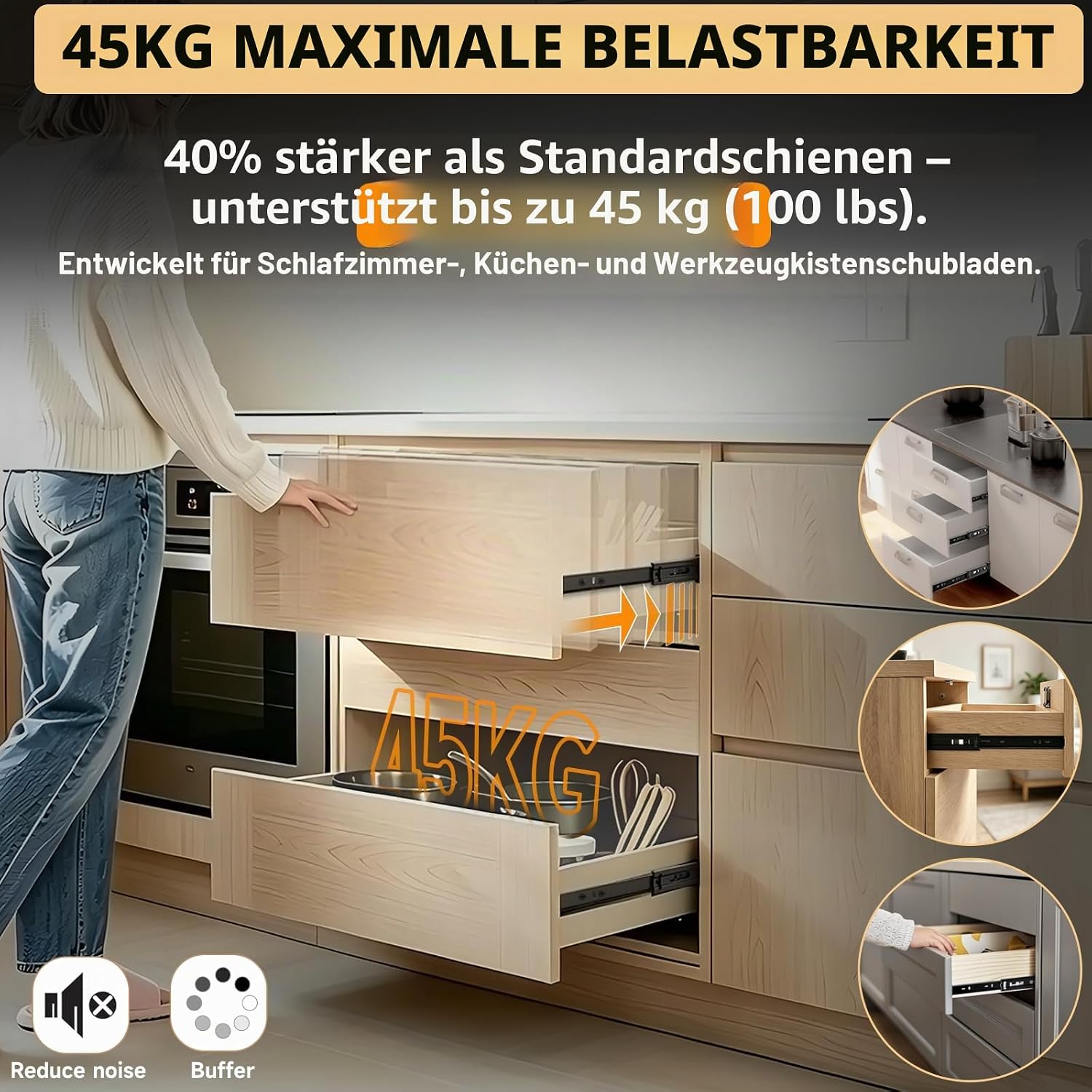 Thumbnail 3 de AOLISHENG Schubladenschienen 450 mm Vollauszug mit Soft-Close – 5 Paar, 45 kg Tragkraft, für Küchenschubladen