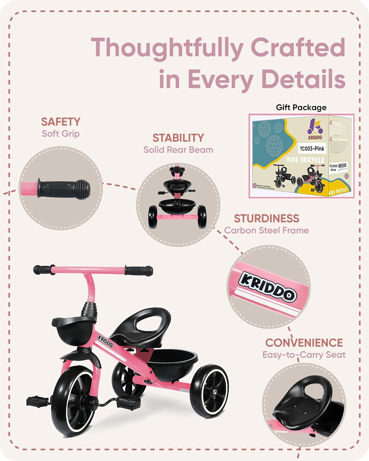 Thumbnail 4 de KRIDDO Kids Tricycle: 24 Months to 5 Years, Pink