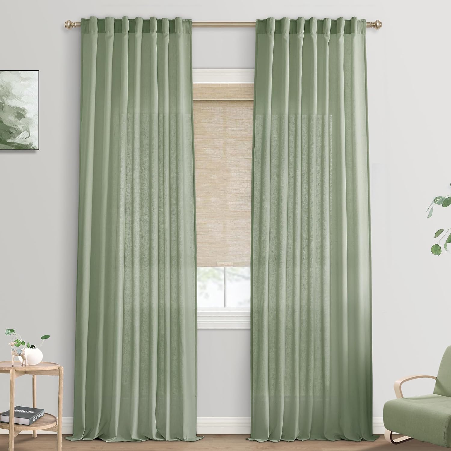 Detalle de SHINELAND 2 Sage Green Curtains, 50W x 84L Inch Linen-Blend Drapes