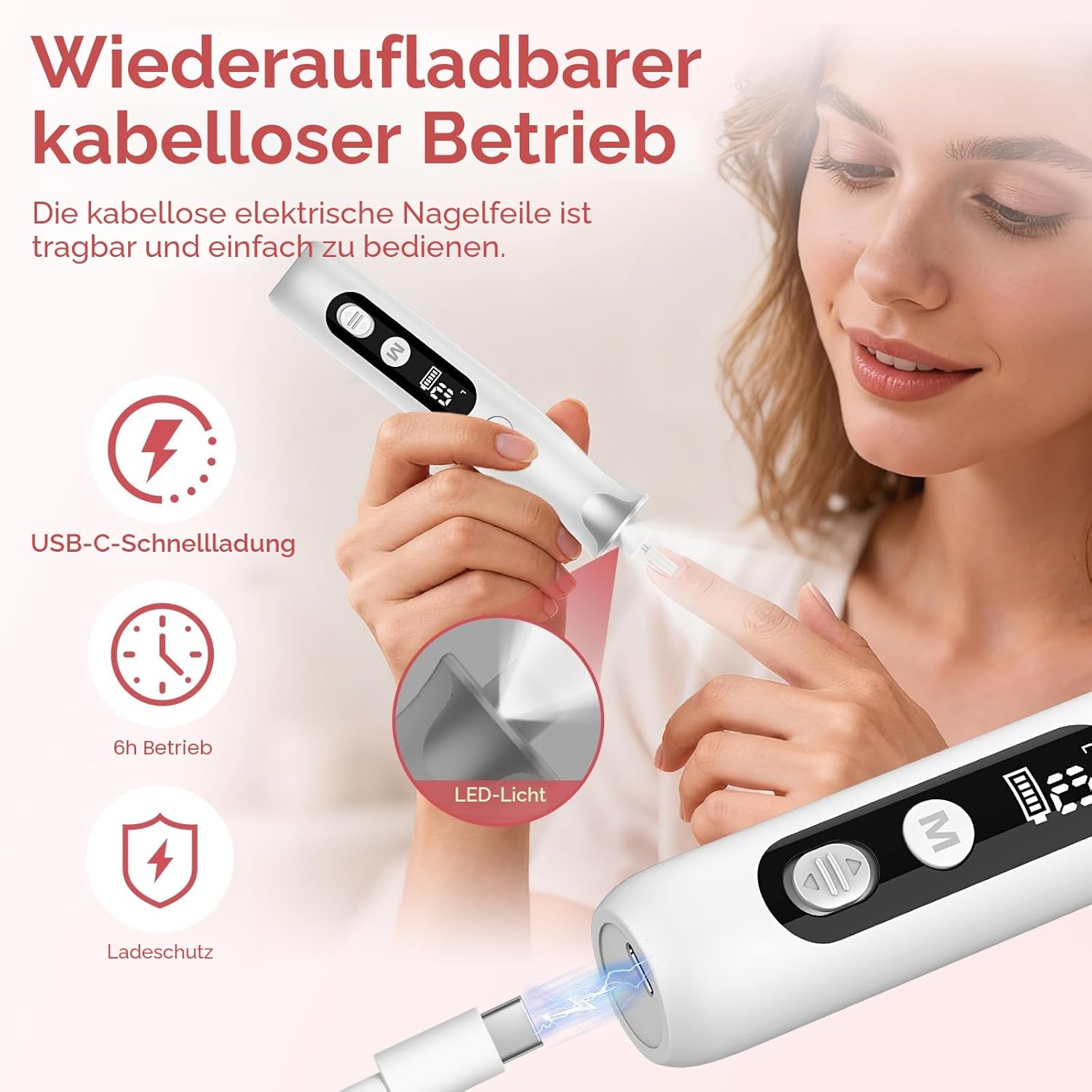 Thumbnail 6 de Elektrisches Maniküre-/Pediküre-Set mit LED, 10 Aufsätzen und 10 Geschwindigkeiten – kabellos für Nägel & Hornhaut