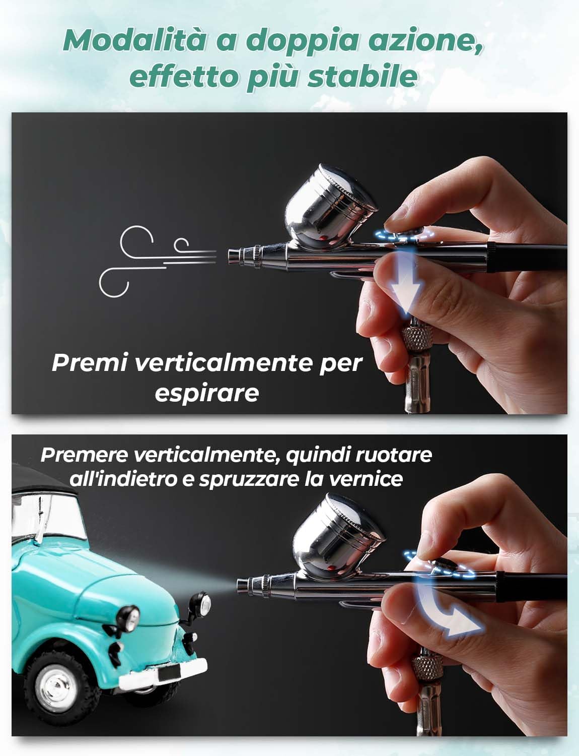 Detalle 2 de Oasser Mini Kit Aerografo: Pistola a Spruzzo Doppia Azione con Compressore 2–36 PSI – 0,2/0,3/0,5 mm