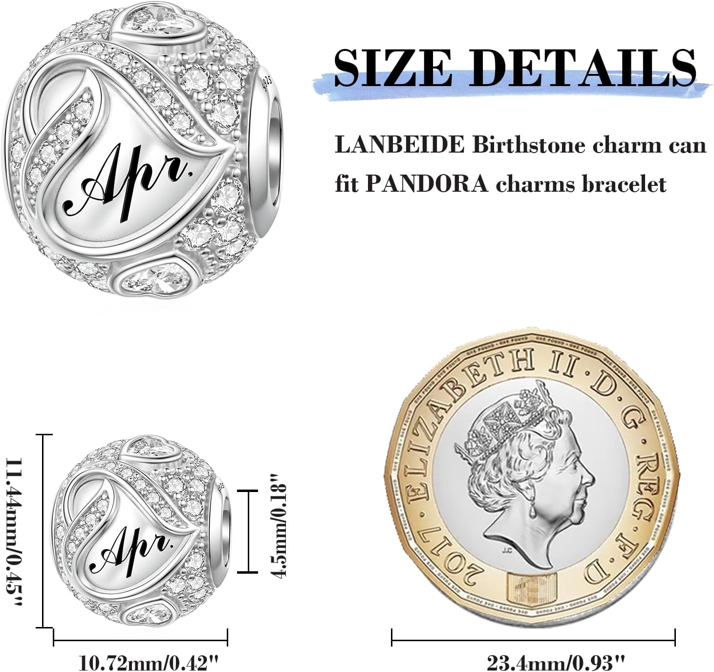 Detalle de LANBEIDE Geburtsstein Charm für Pandora (925 Sterlingsilber) – April mit eingraviertem Monat