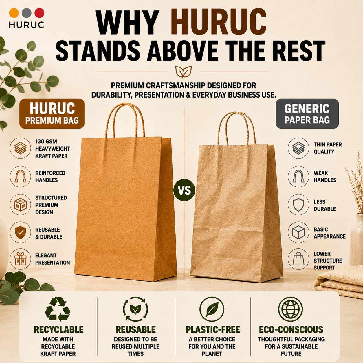 Detalle de HURUC 100 pcs Brown Paper Bags with Handles (130GSM kraft), small gift carrier bags for parties & everyday use (18x24x8cm)