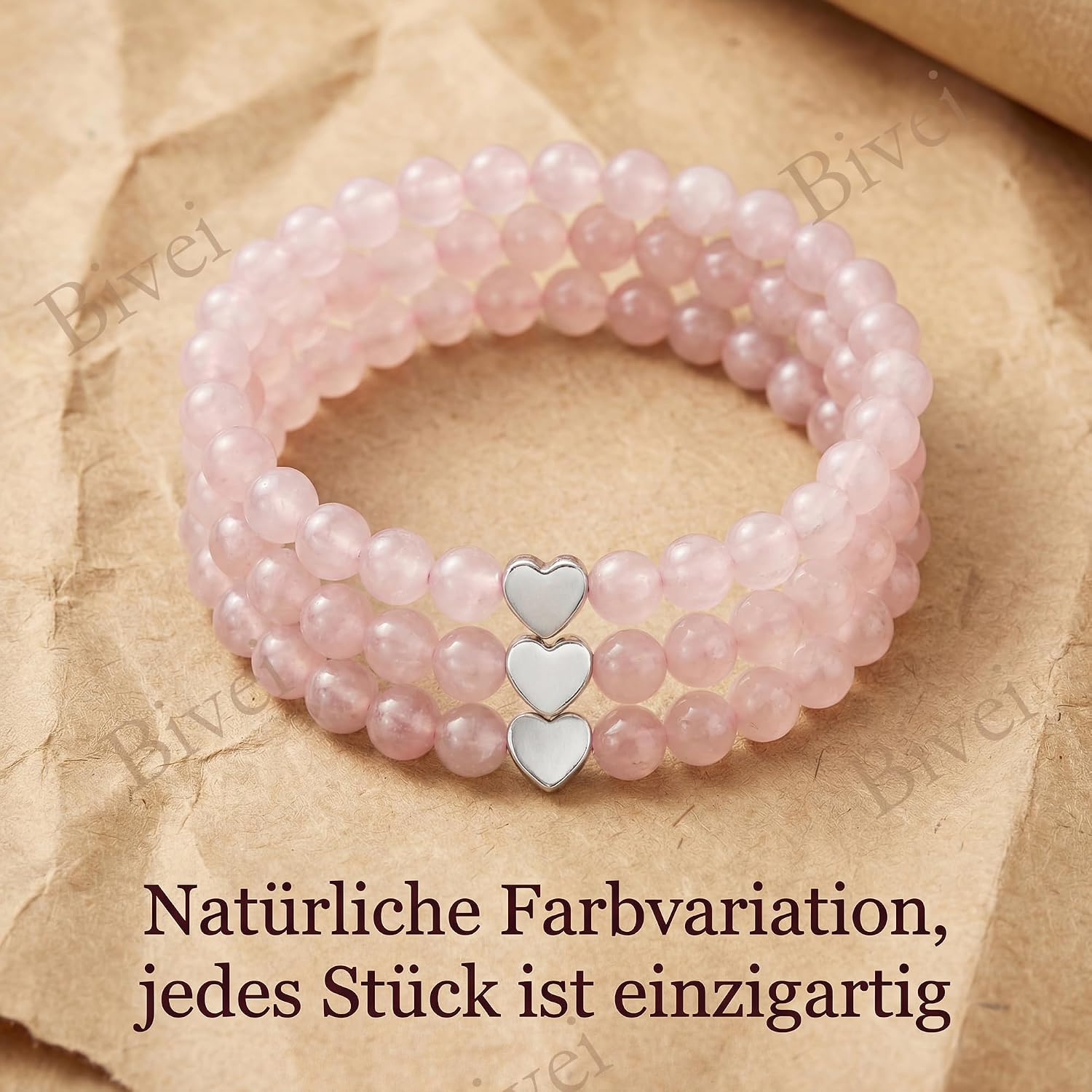 Detalle de Bivei Rosenquarz 6 mm Stretcharmband für Damen – handgefertigtes Naturstein-Armband mit Edelstahlperle