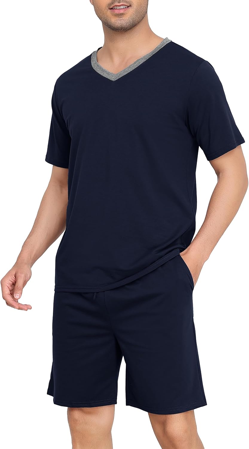 Detalle de Ensemble de pyjama homme en coton Wikoan (T-shirt col V + short à cordon) manches courtes