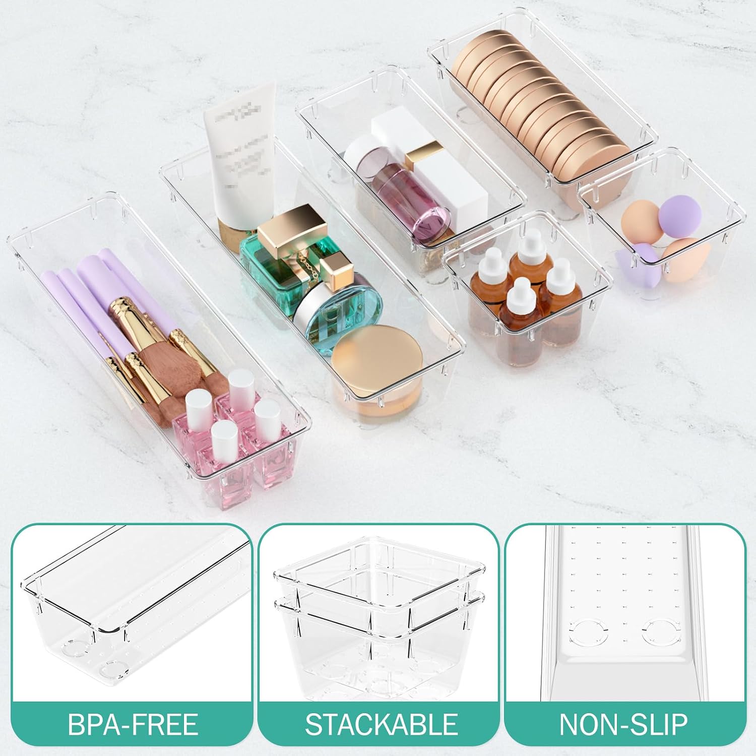 Detalle de WOWBOX 08032025 Clear Drawer Organizer Set, 6 Stackable Polypropylene Trays