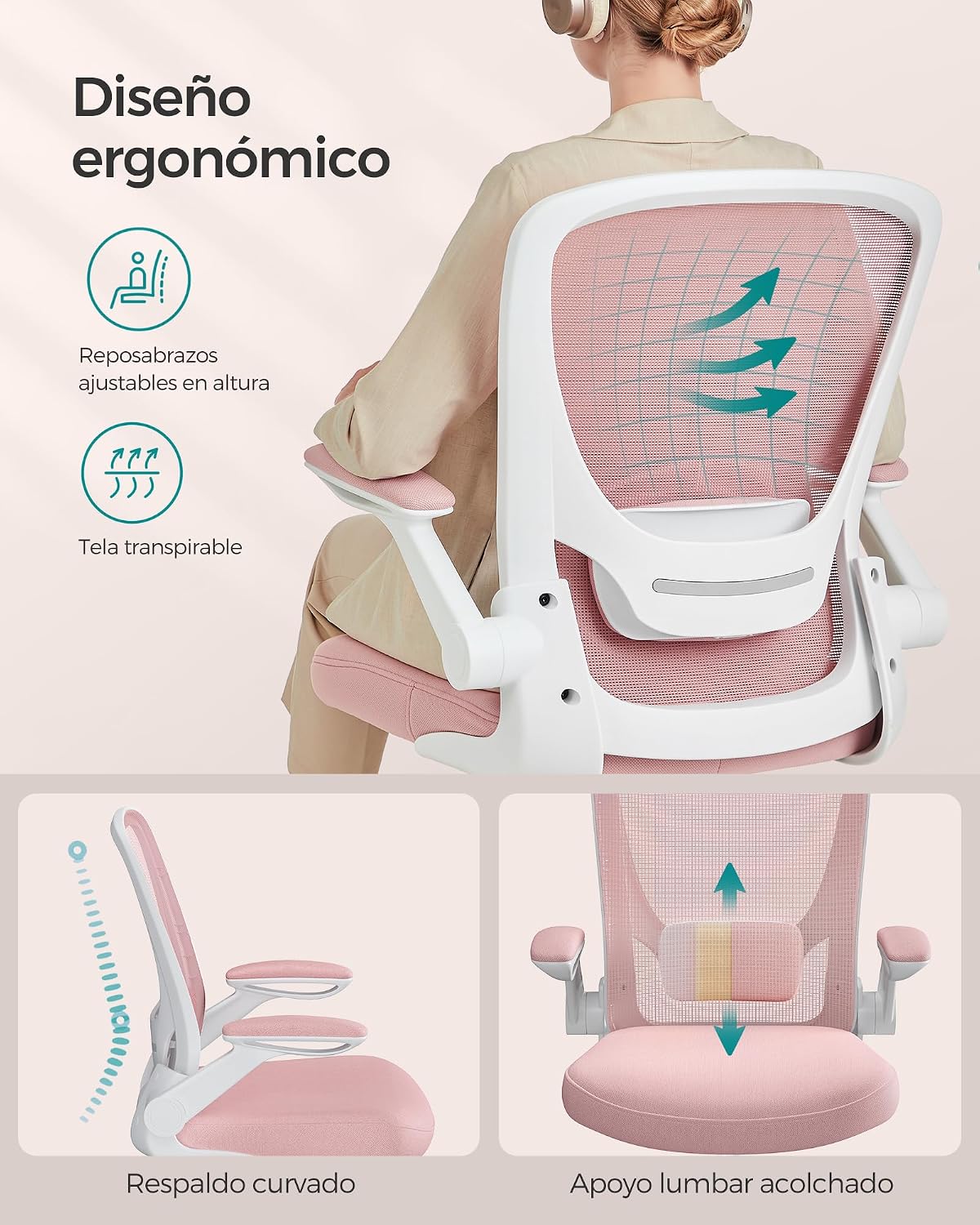 Thumbnail 6 de SONGMICS Silla de Oficina rosa pastel 53 cm