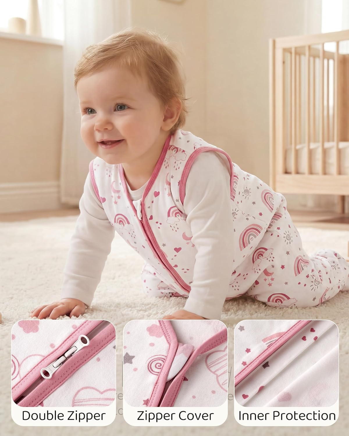 Detalle 2 de FIEMOL Baby Sleeping Bag 12-18 Months 0.5 Tog – 3 Pack Cotton Sleep Sack (76-89cm) Pink Rainbow