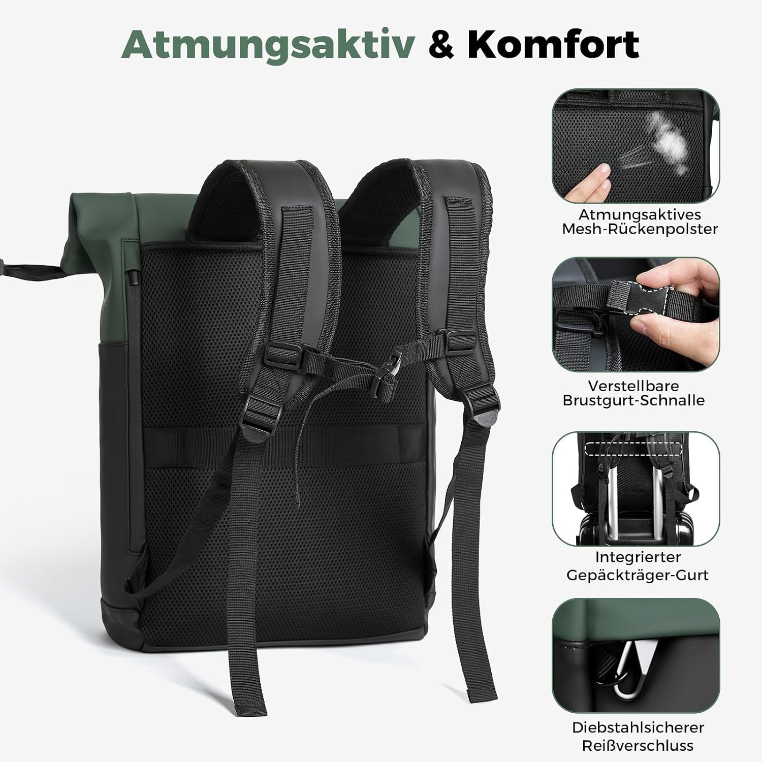 Thumbnail 3 de Sylvanthos Wasserdicht Rucksack: Laptop Rolltop 18–25L, Diebstahlsicher, Grün