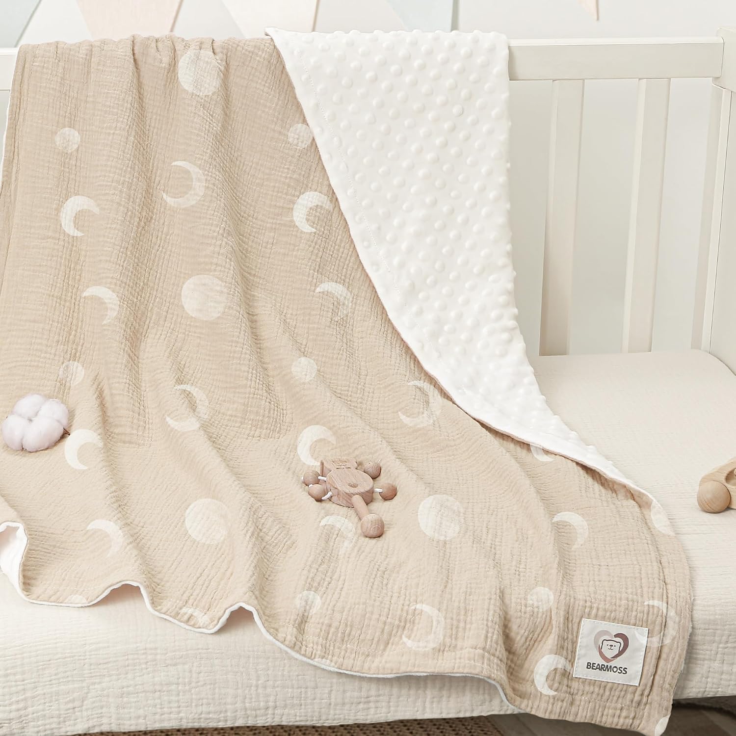 Detalle 2 de bearmoss Muslin & Dotted Fleece Baby Blanket (Desert Crescent), 76x100cm