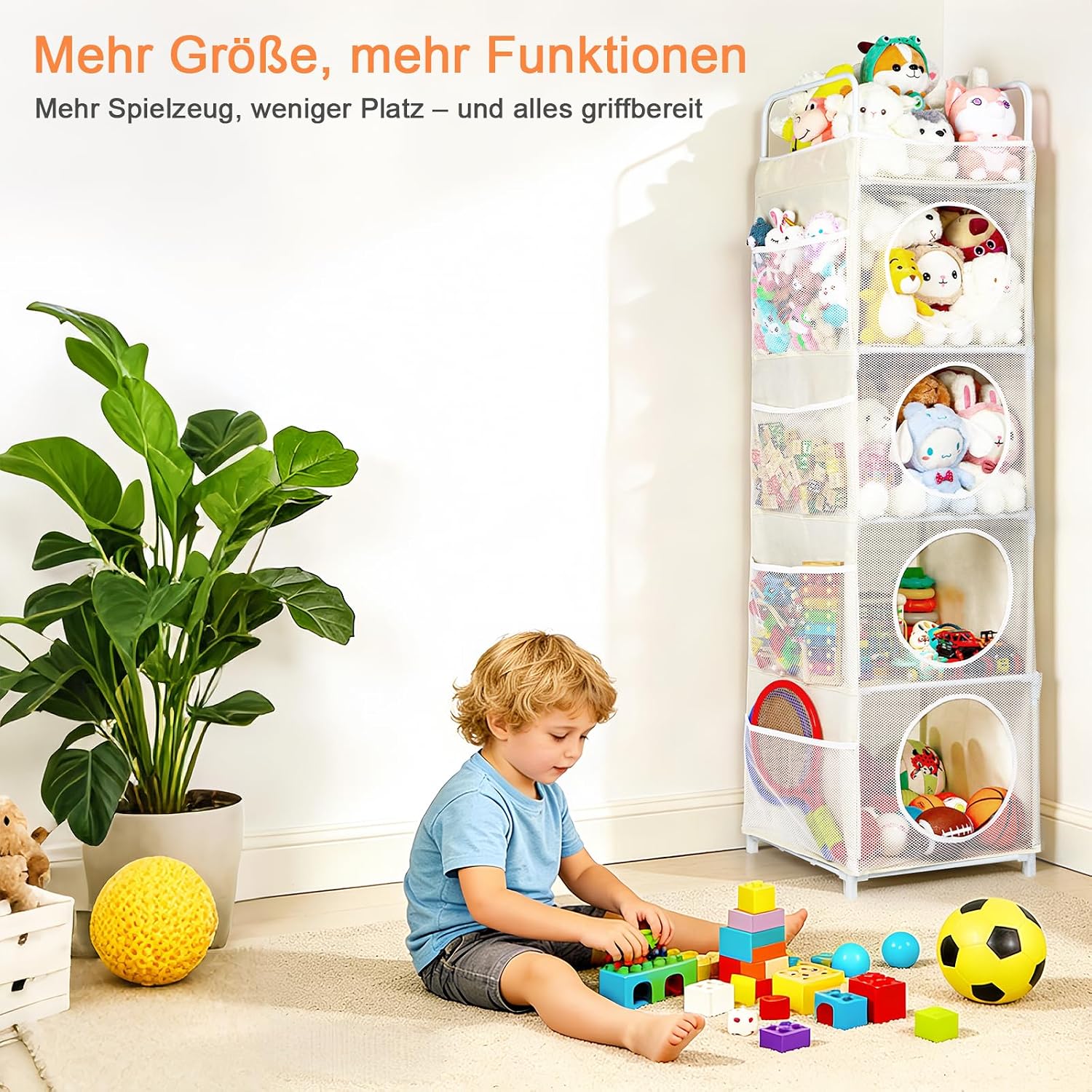 Thumbnail 4 de AXHOP Kuscheltier Aufbewahrung: 42×42×162 cm, 5 Etagen + 8 Netztaschen, Beige