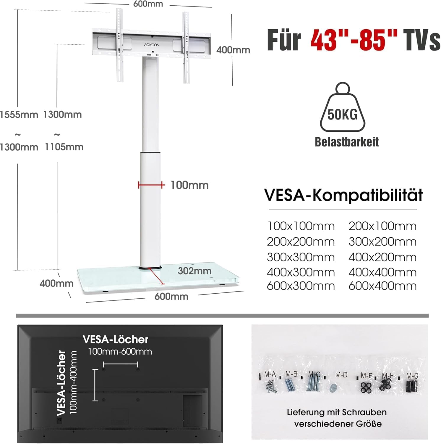 Thumbnail 5 de AOKCOS TV Ständer Bodenständer 1,6 m für 43–85 Zoll Fernseher – Neigbar, Schwenkbar, VESA 600x400, max. 50 kg, Weiß