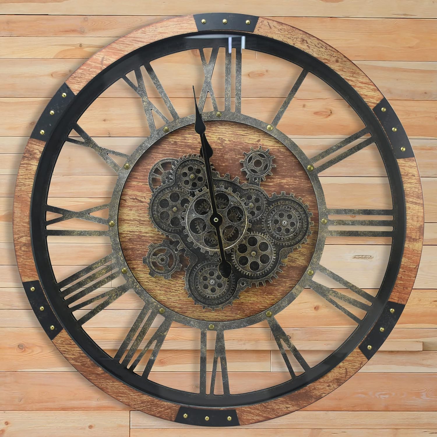 Detalle de DORBOKER DOR2026 24-Inch Moving-Gear Wooden Wall Clock, Brown