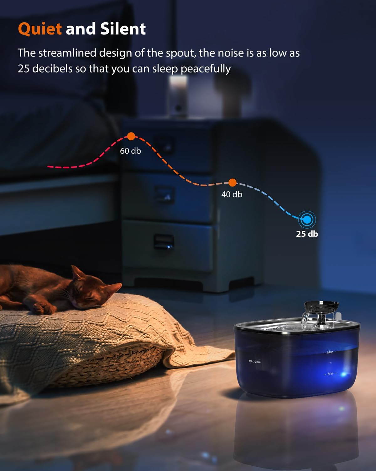 Detalle 2 de Stouchi Katzenbrunnen 2,5 L – Leise Edelstahl-Trinkbrunnen mit LED, BPA-frei, inkl. 2 Filtern