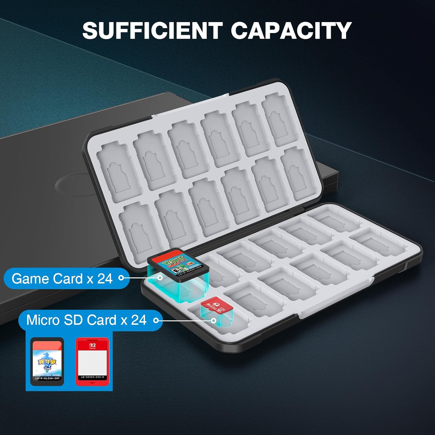 Detalle 2 de HEIYING Switch Aufbewahrungsbox: 24 Spielkarten + 24 Micro SD Slots, Kohlefaser-Design, magnetischer Verschluss