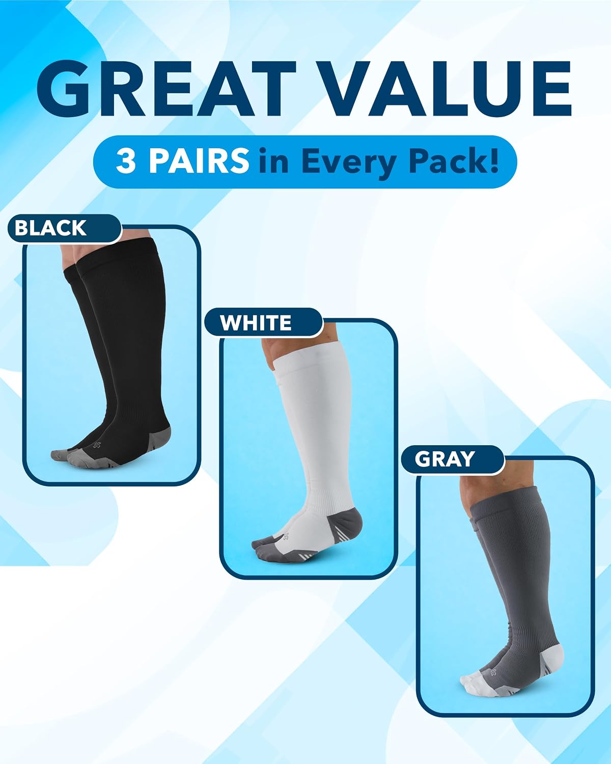 Detalle 1 de Doctor’s Select 3 Pairs Plus Size Compression Socks (Wide Calf) 20–30 mmHg, up to 6XL