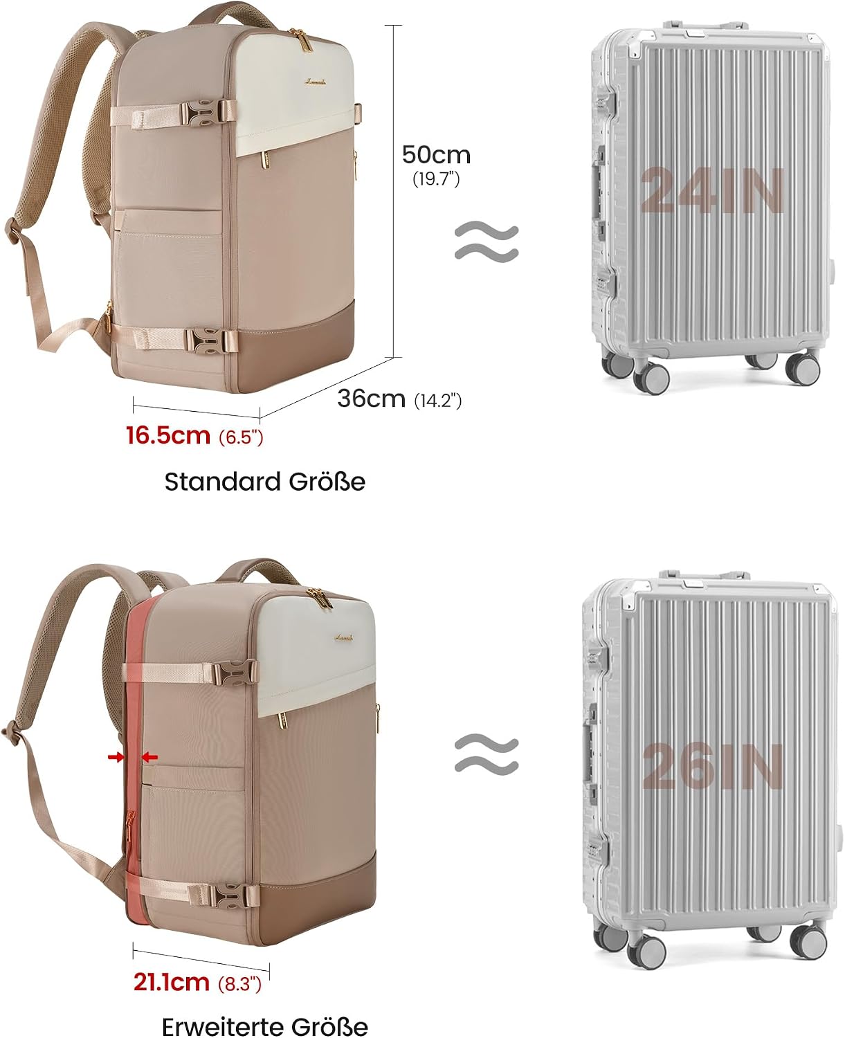 Detalle de LOVEVOOK Handgepäck-Rucksack 50L (18 Zoll) mit erweiterbarem Design – Cabin Bag für Reise & Business, Khaki