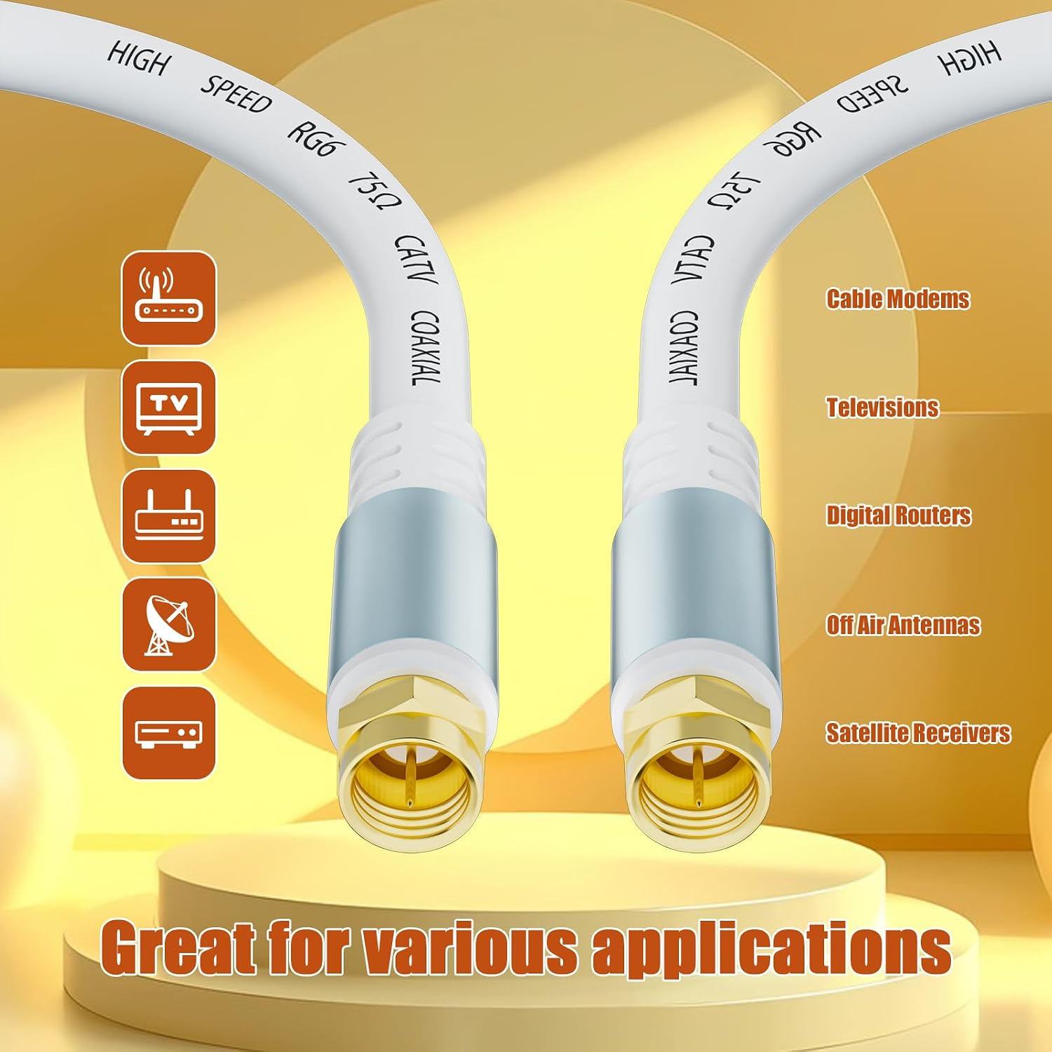 Thumbnail 1 de LDKCOK RG6 3-Foot Coaxial Cable, White, Dual-Shielded with Gold-Plated F Connectors