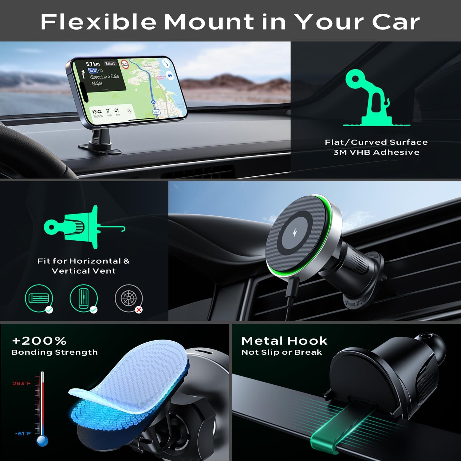 Detalle de Hinyx Mag-Safe Handyhalterung fürs Auto mit Ladefunktion – magnetische Autohalterung mit Qi-Laden
