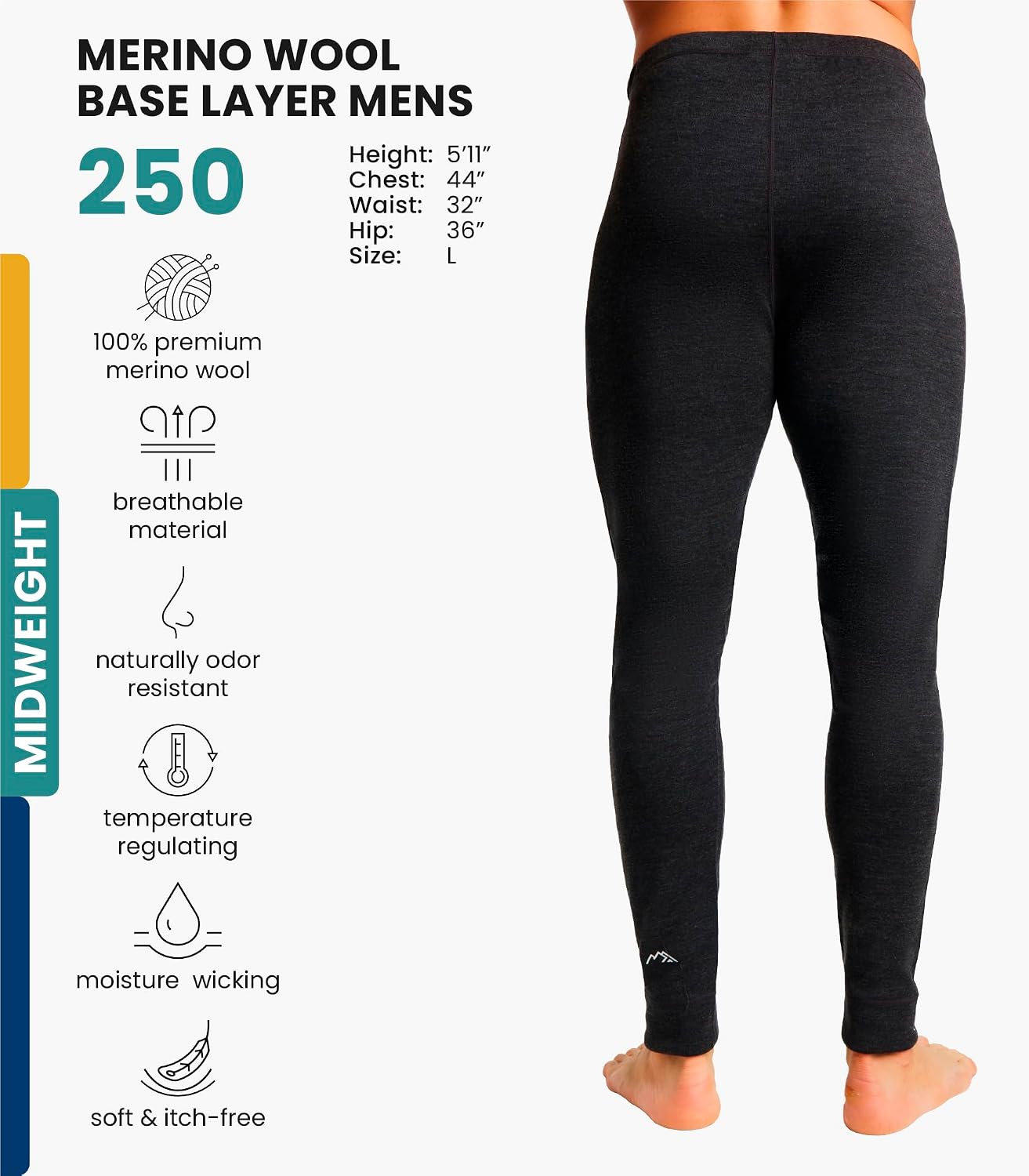 Detalle 2 de Merino.tech 165 Men's Merino Wool Base Layer Pants, Midweight 250 g/m²