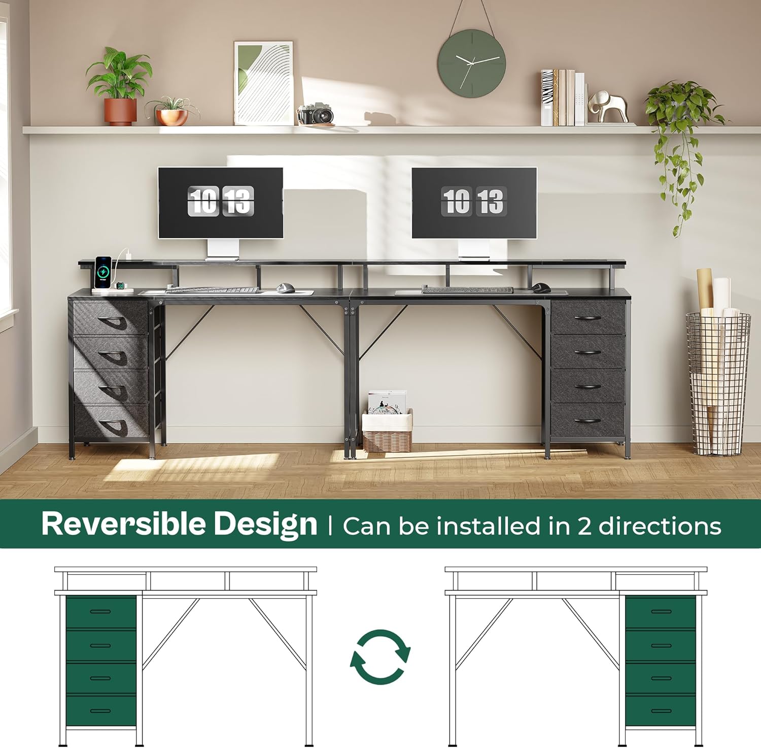 Thumbnail 5 de Huuger 47 Inch Computer Desk with Power Outlets and LED Lights (4 Drawers, Monitor Stand)