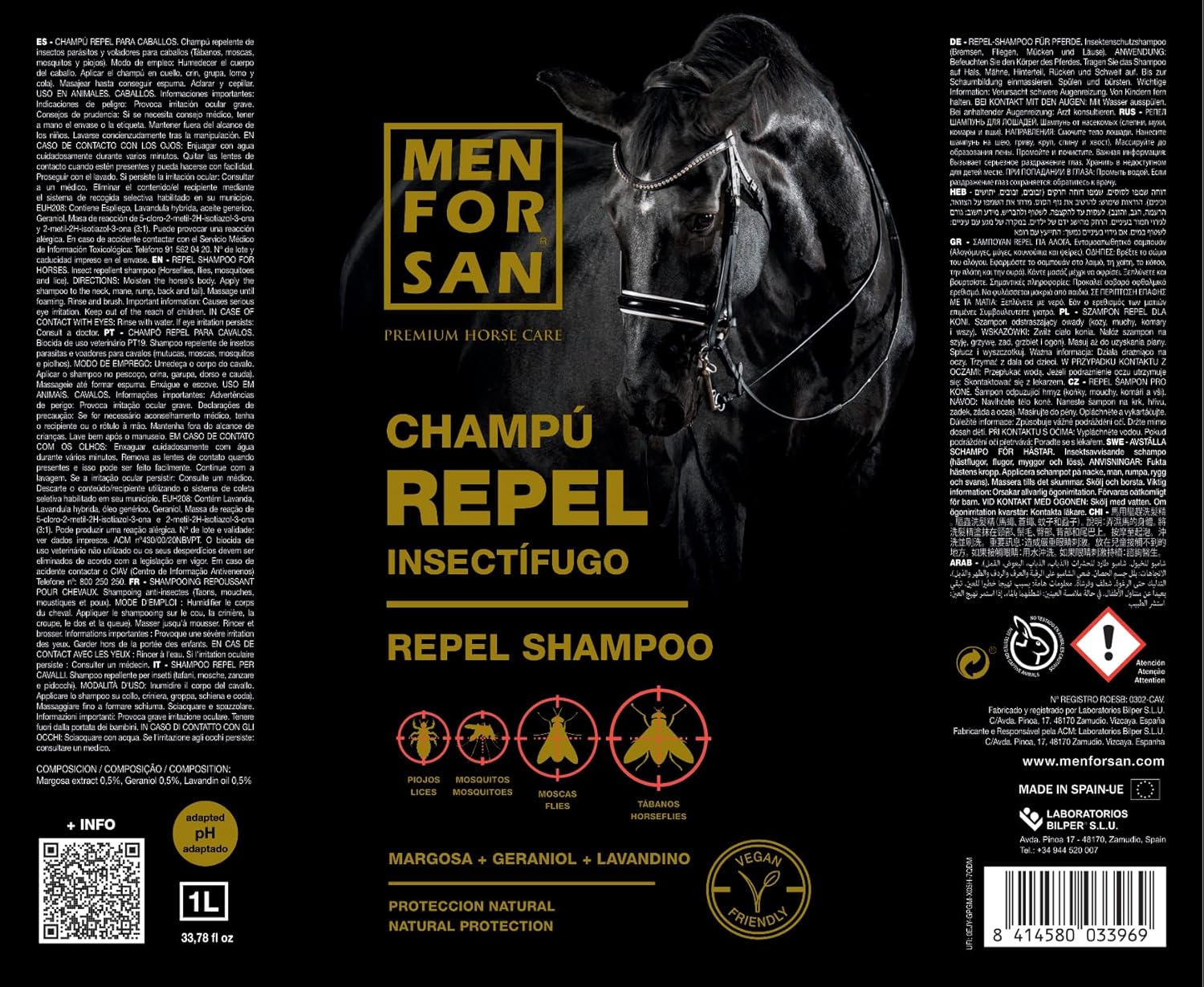 Thumbnail 1 de MENFORSAN Shampoo insetto-repellente per cavalli BIO 1L con margosa, geraniolo e lavandina