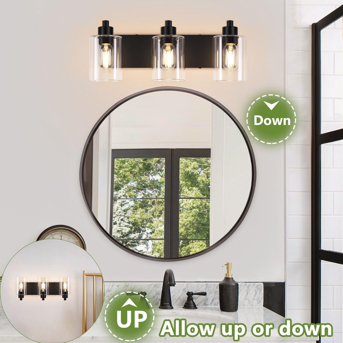 Thumbnail 4 de Dpyrrhic JD-12 3-Light Vanity Fixture, Matte Black with Clear Glass Shades