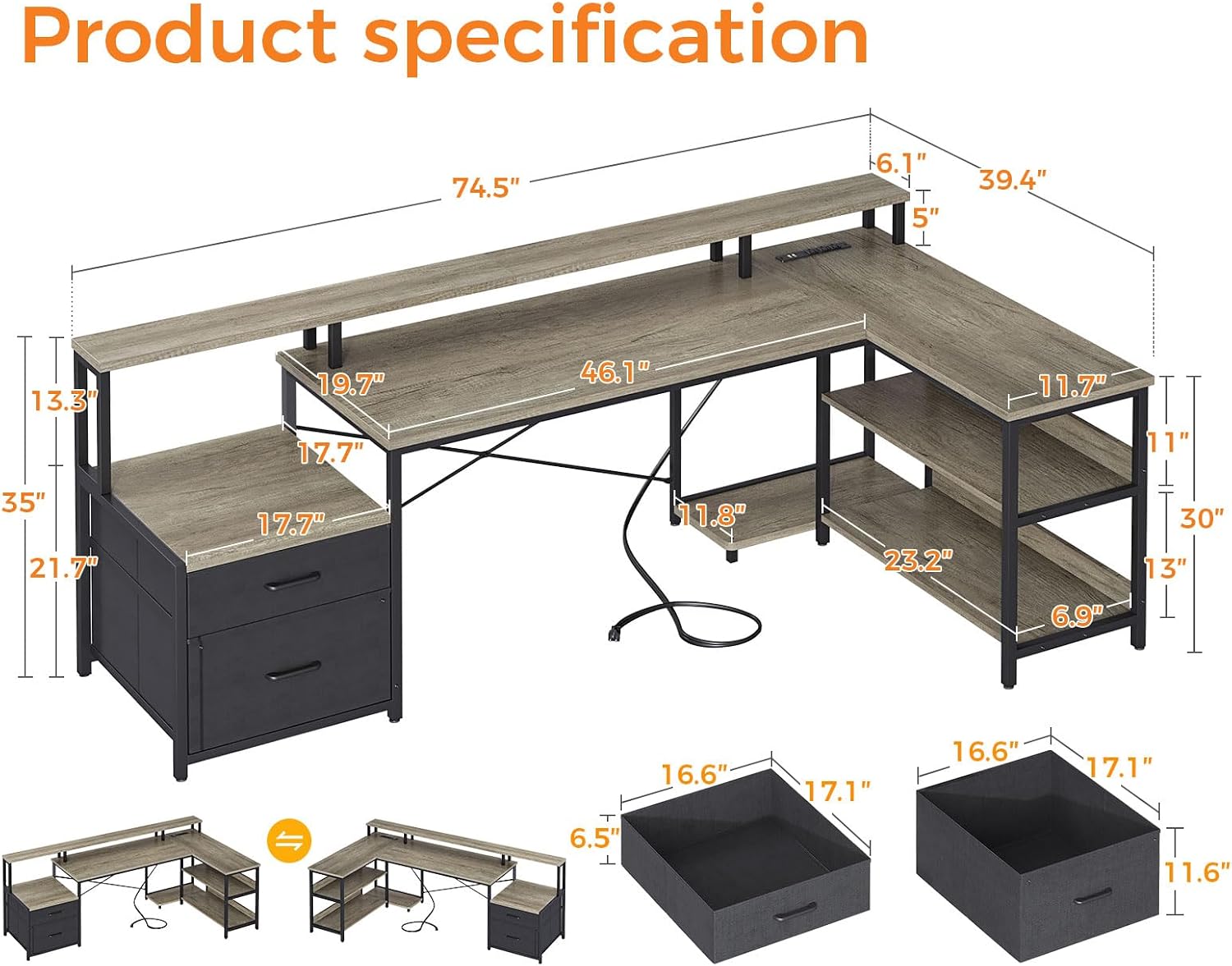 Detalle de ODK B02021001006USAN0419ASLF0HI 75-Inch Reversible L-Shaped Desk, Grey Oak
