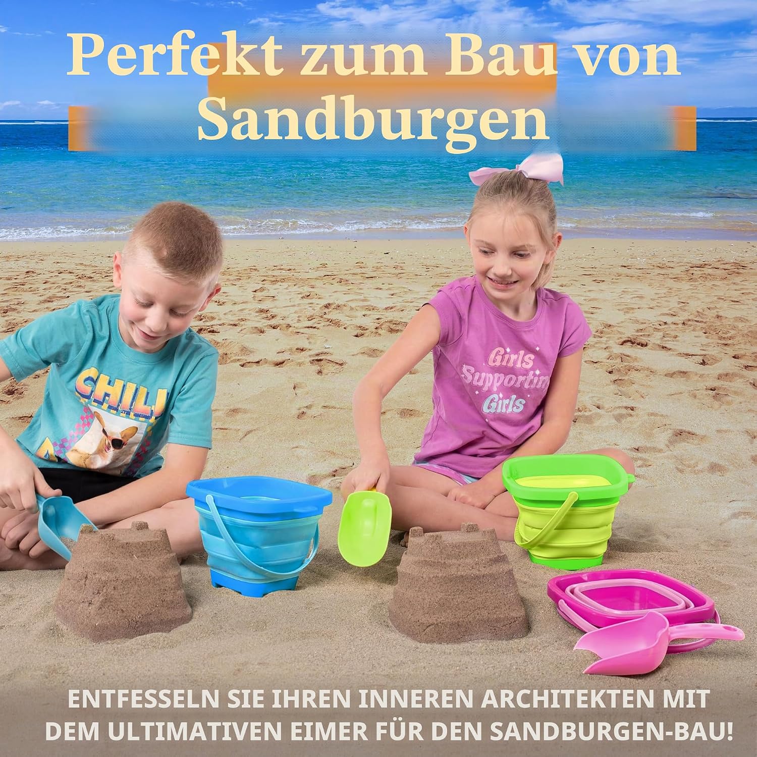 Detalle de Sloosh 3er Pack faltbare Eimer mit Schaufeln – quadratische Sandkasten-Container blau/rosa/grün