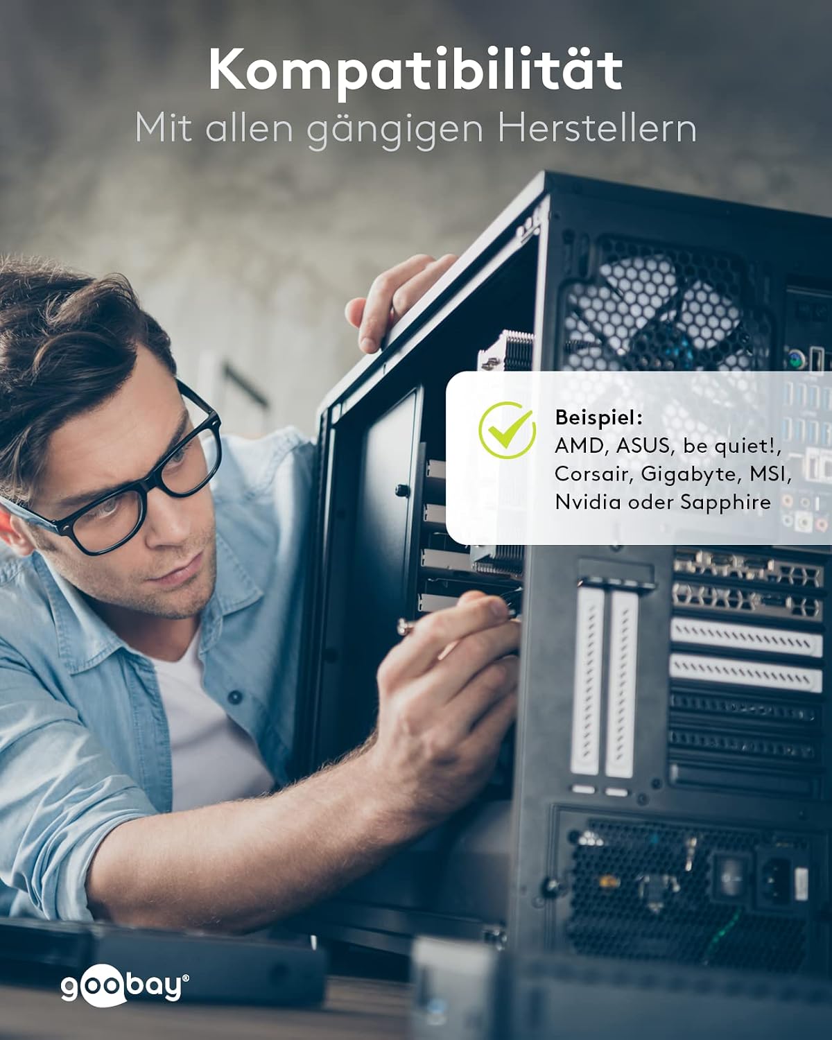Detalle 1 de goobay 59714 PCIe-strömkabel med 8-poligt uttag och dubbla 6+2-kontakter