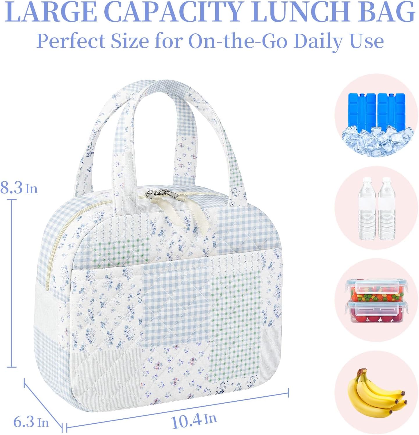 Detalle 2 de WOBAGMEN Quilted Lunch Box for Women – Floral Coquette Aesthetic, Green/Blue Pin