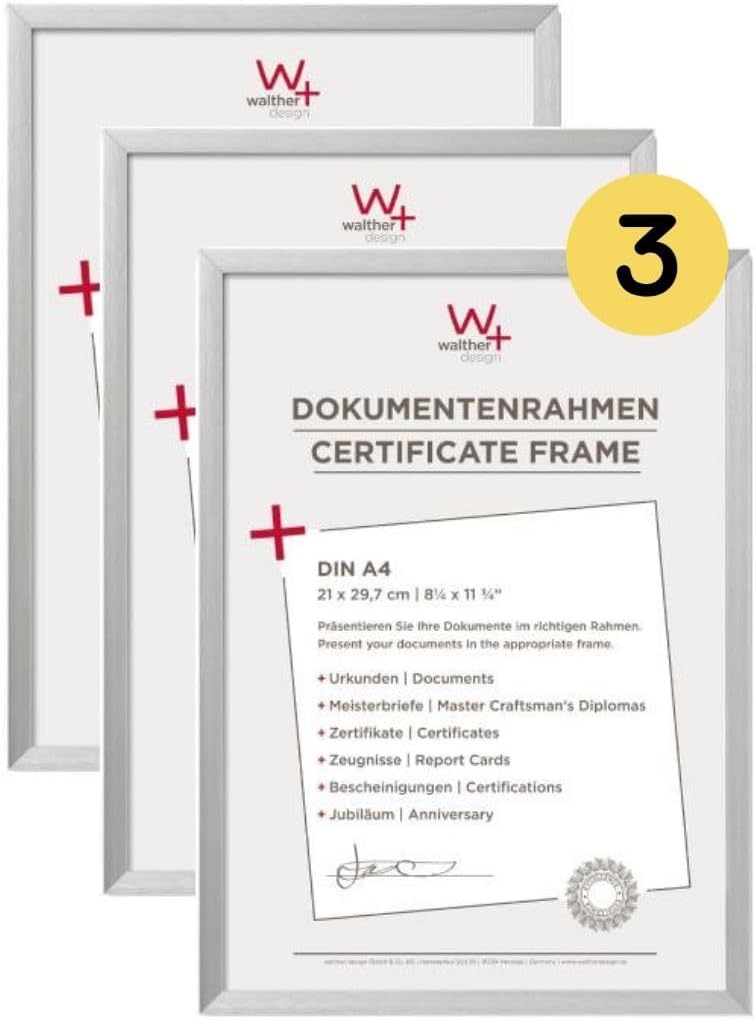 Detalle de Walther Lot de 3 cadres photo design AJ130S3 – aluminium argenté, 21 x 29,7 cm (A4)