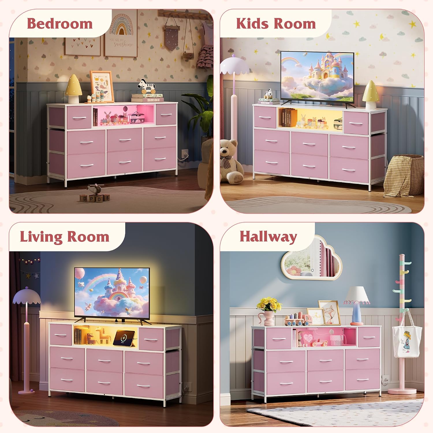 Thumbnail 2 de WLIVE Pink LED Dresser TV Stand for TVs up to 55 Inches, 8 Fabric Drawers