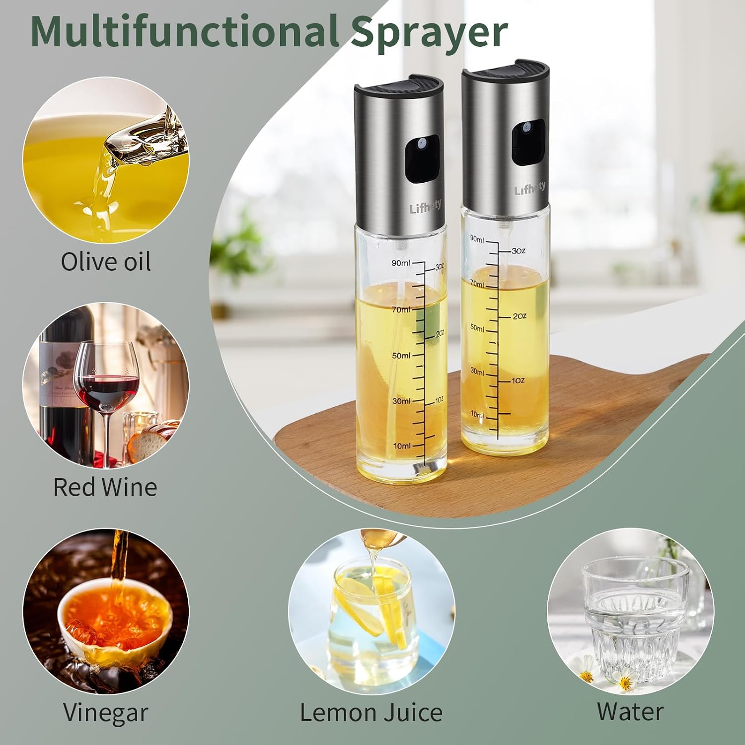 Detalle 2 de Lifhety OSB24-5 Oil Spray Bottles, 2-Pack, 100ml Glass with Funnel