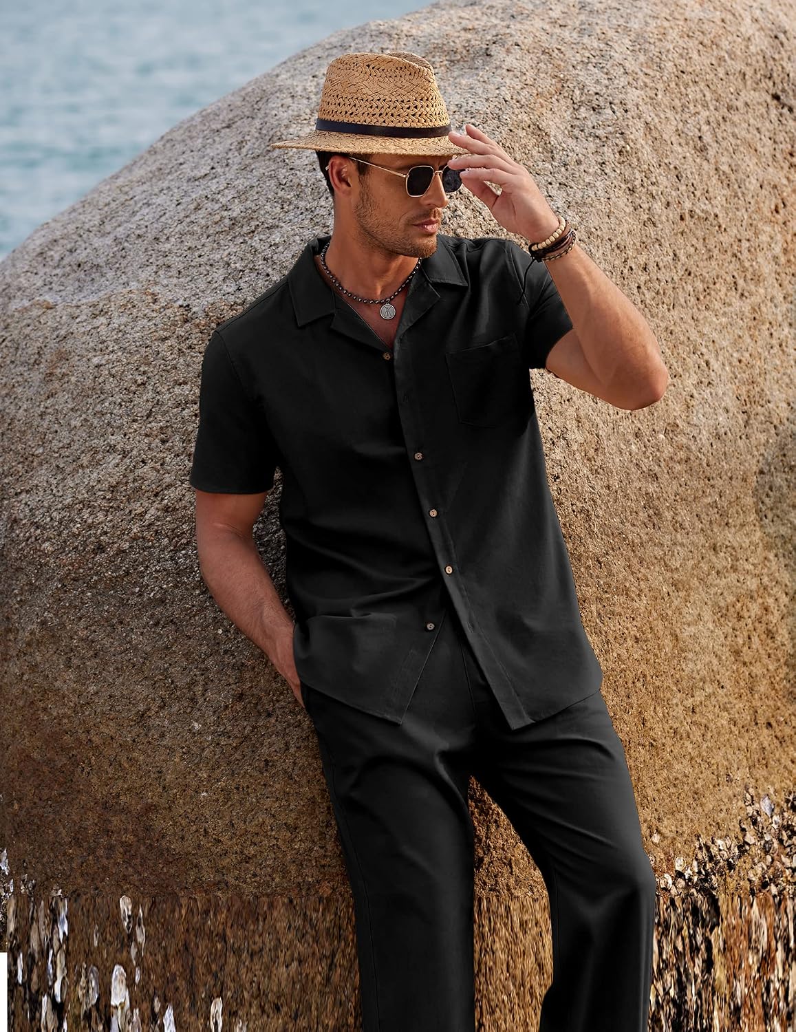 Detalle de COOFANDY Men Linen 2-Piece Beach Outfit Set (Camp Collar Button-Down Shirt + Loose Pants)