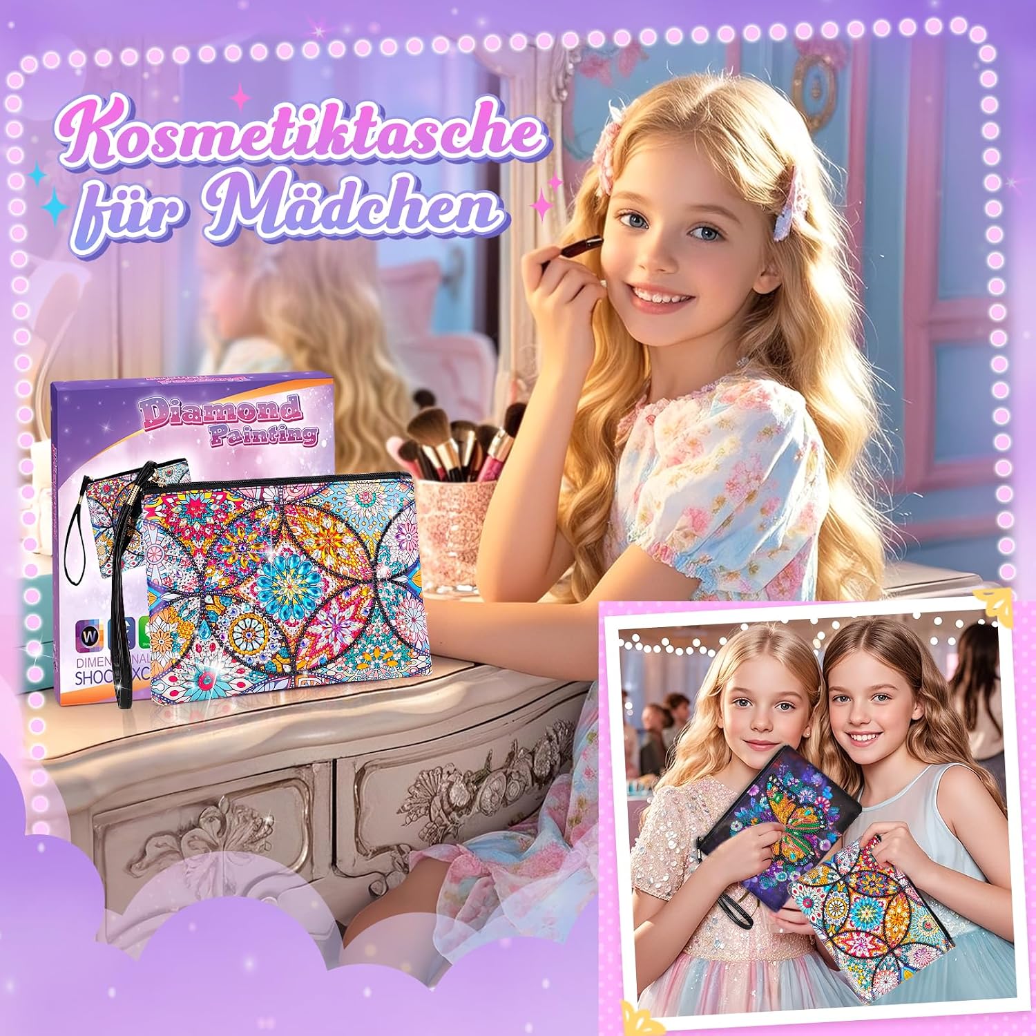 Detalle 2 de Flnlano Diamond Painting Bastelset für Mädchen (2 Stück) mit kleiner Kosmetiktasche – ab ca. 7–11 Jahren