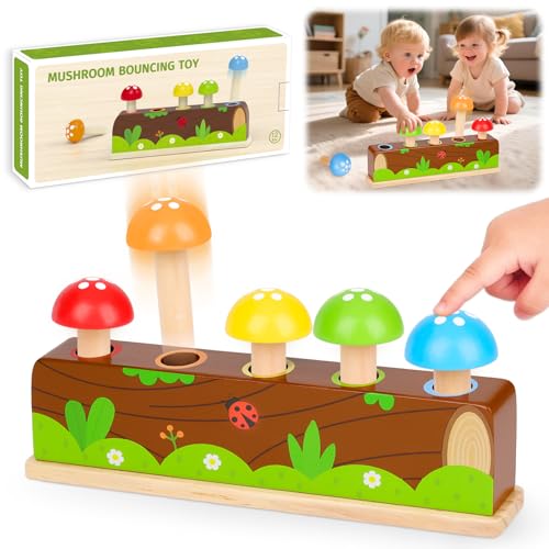 Detalle de Molleyzi Montessori Pop Up Holzspielzeug ab 12–18 Monaten – Motorikspielzeug mit 5 Pilzen