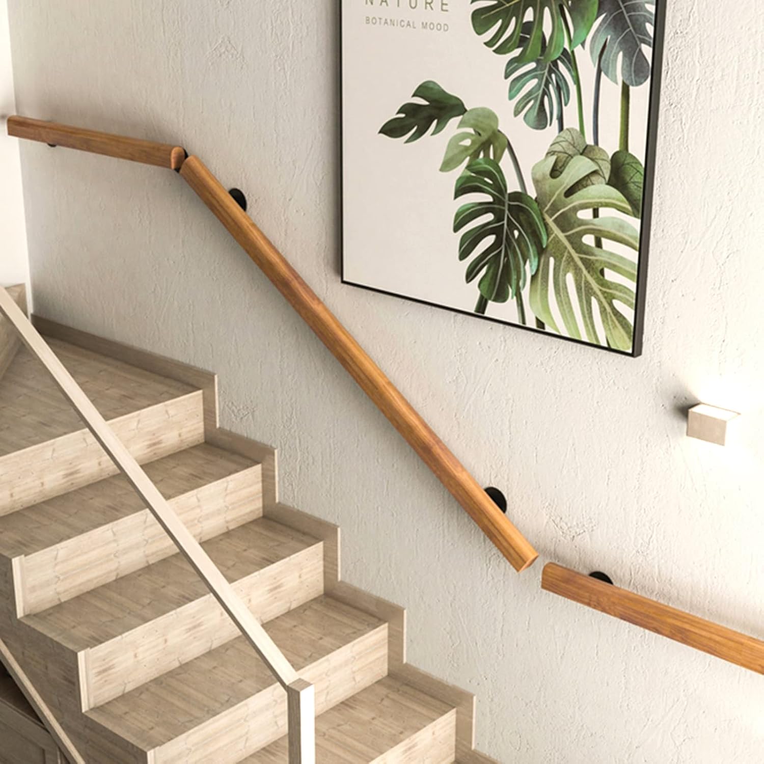 Detalle de JuneFanwei 2FT Wooden Stair Handrail, Pine Rail with Stainless Steel Brackets