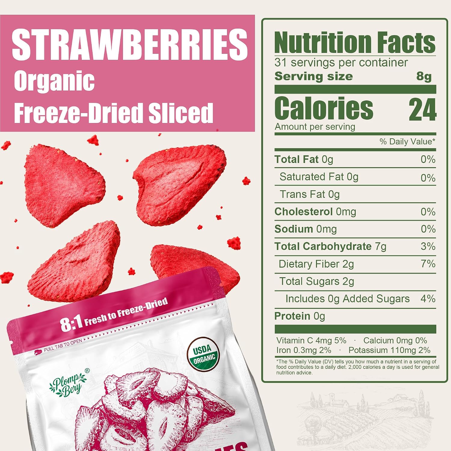 Detalle de PlompBery Organic Freeze-Dried Strawberry Slices, 8.8 oz, No Added Sugar