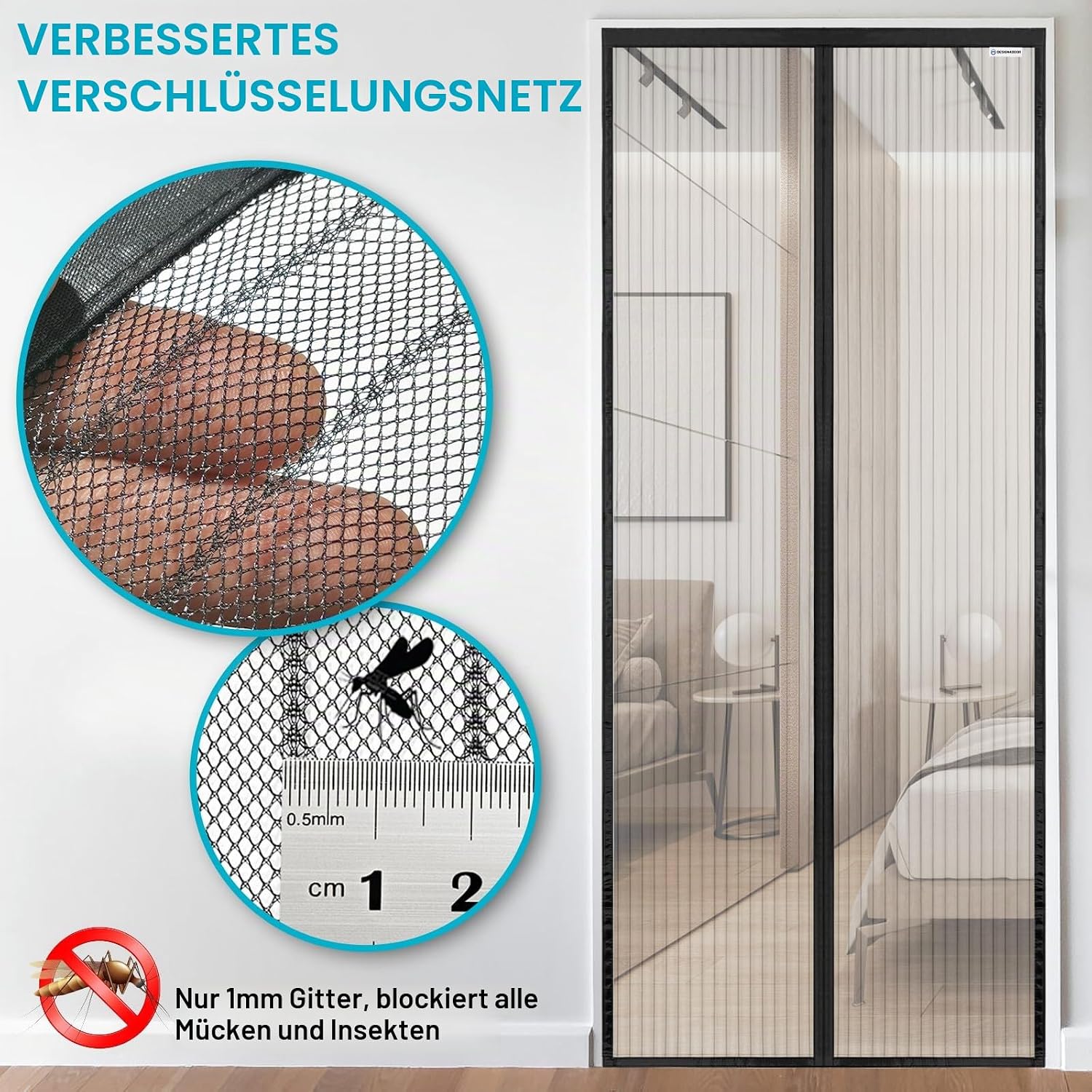 Detalle 2 de Fliegengitter Tür 100x260cm – Design4Door Schwarz, Balkontür, magnetisch & leicht zu montieren