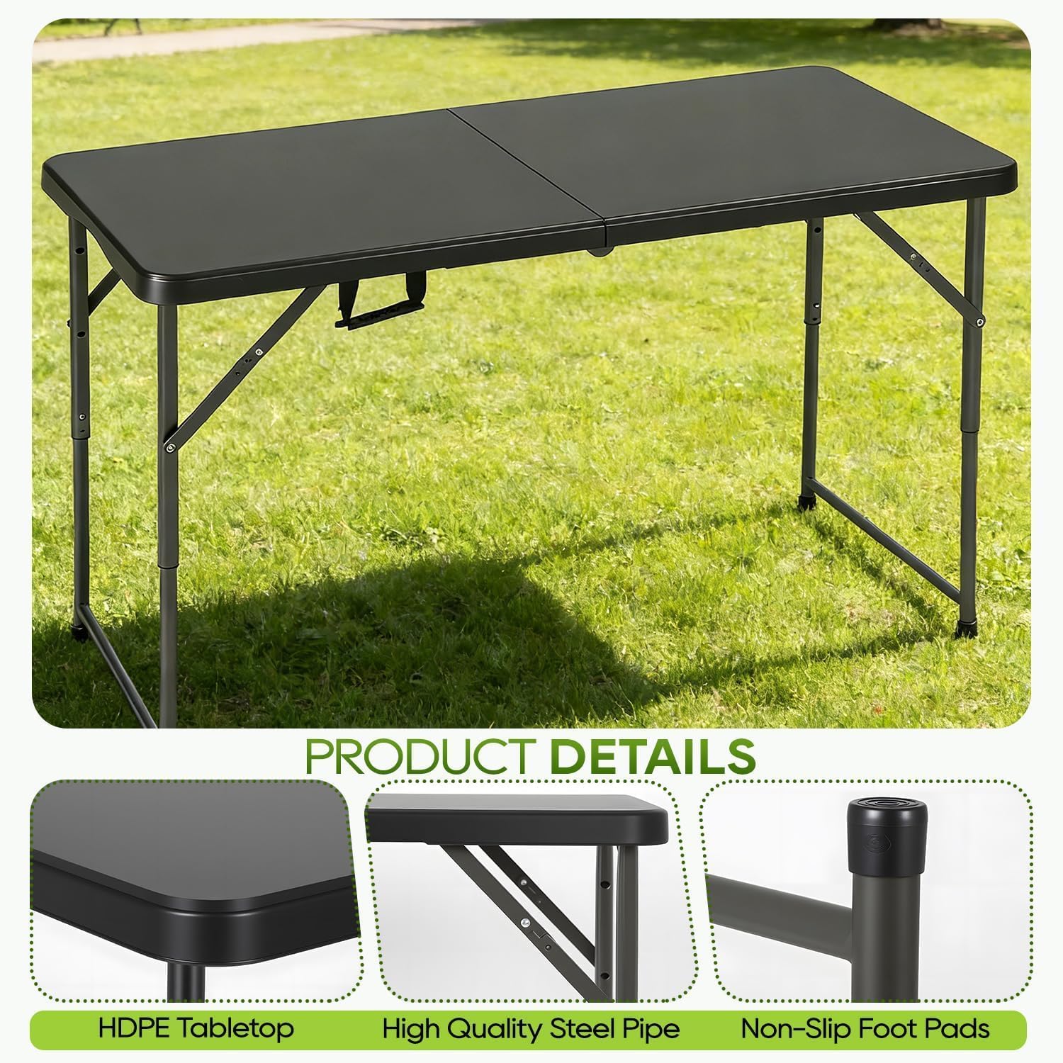 Detalle de FDW 4FT Folding Table, Black Plastic Picnic Table with Carry Handle